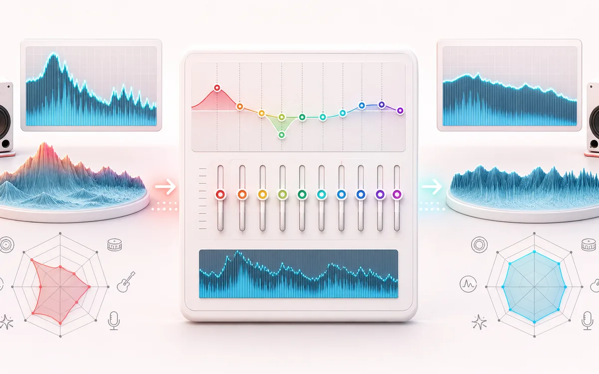 Before-and-after illustration of Audio EQ: Audio to shape becomes Equalized track through Adjust frequency bands.