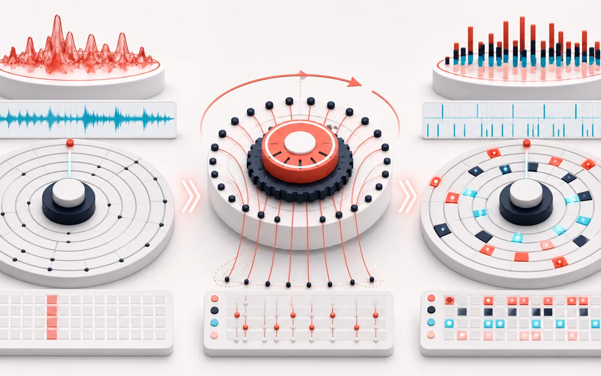 Before-and-after illustration of Euclidean Rhythm Generator: Track pulse settings becomes Polyrhythm pattern through Distribute rotating hits.
