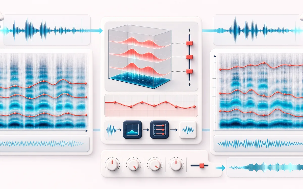 Before-and-after illustration of Vocal Formant Shifter: Monophonic vocal becomes Retimbred voice through Move spectral envelope.