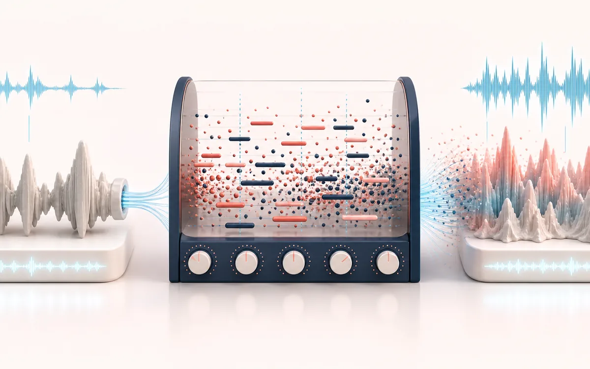 Before-and-after illustration of Granular Synthesizer: Source audio texture becomes Granular soundscape through Scatter micro-grains.