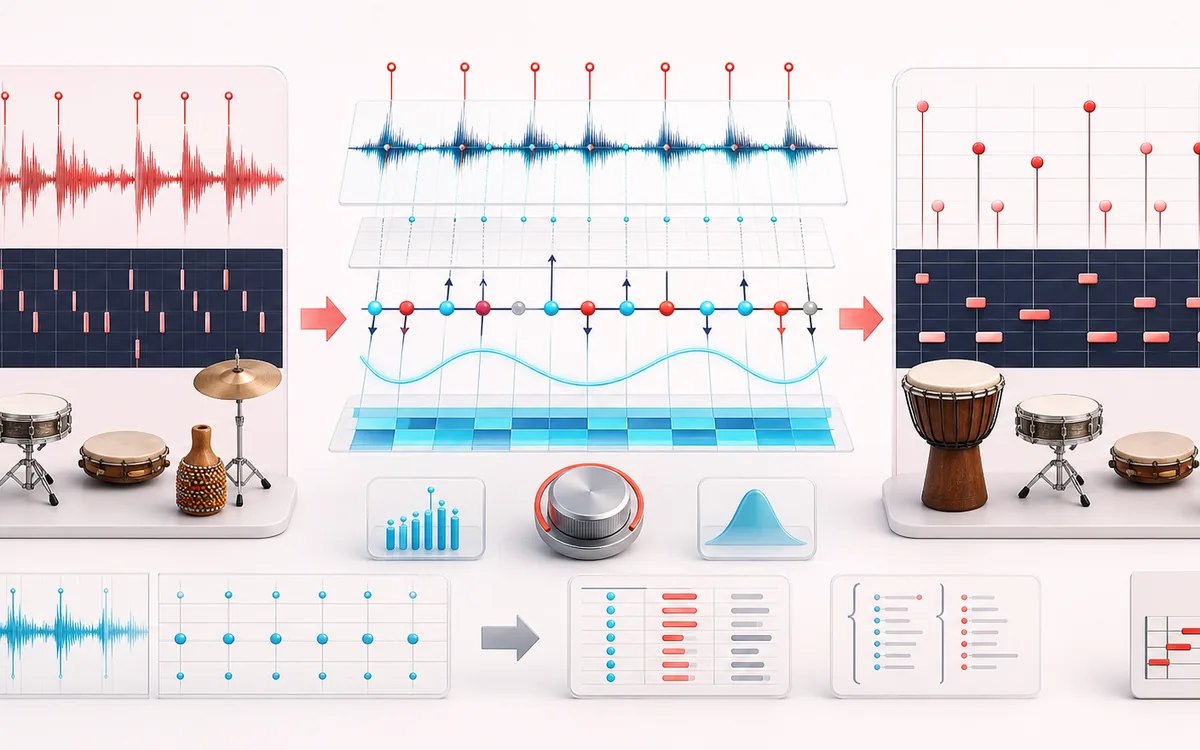 Before-and-after illustration of Groove Template Extractor: Percussion performance becomes MIDI groove template through Measure beat deviations.