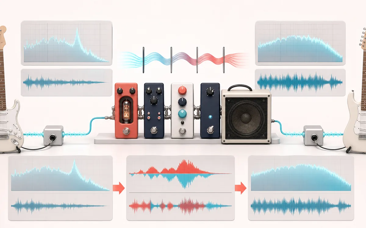 Before-and-after illustration of Guitar Amp Simulator: Dry guitar DI becomes Reamped guitar through Drive tone stack.