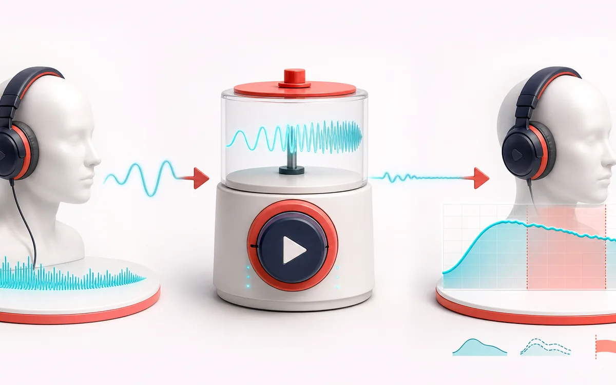 Before-and-after illustration of Hearing Test & Tone Generator: Headphones and listener becomes Observed hearing range through Play test tones.
