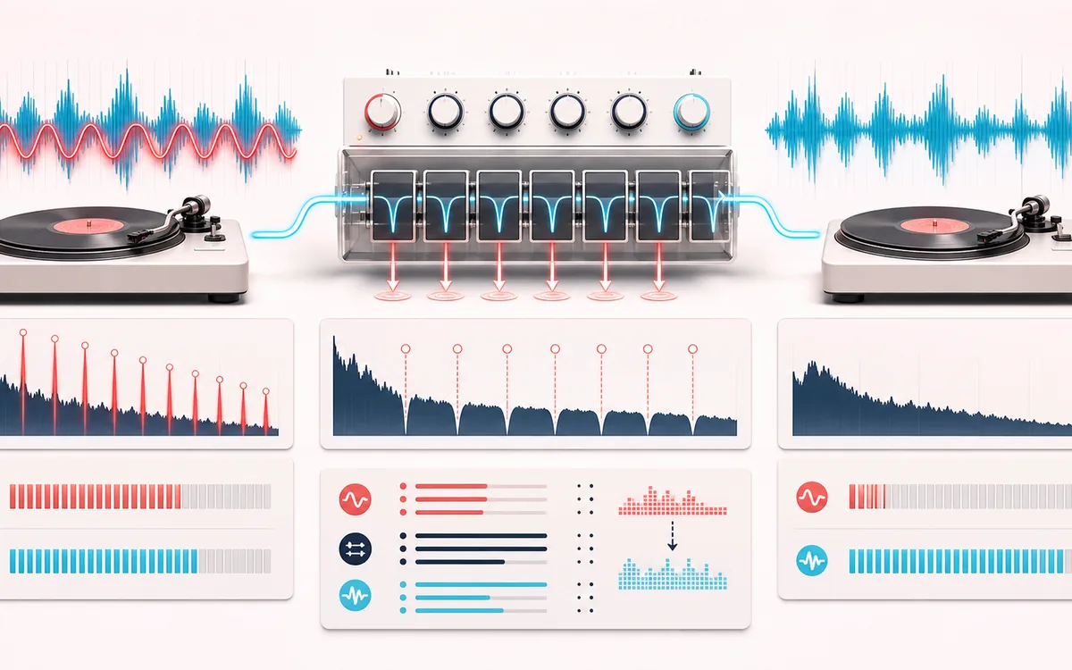 Before-and-after illustration of Online Hum Remover (50/60 Hz): Hummed recording becomes Hum-reduced output through Notch hum harmonics.
