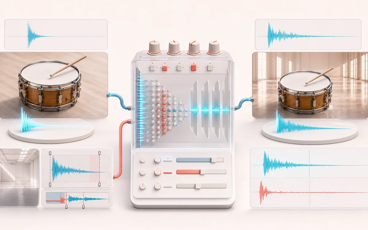 Before-and-after illustration of Custom Impulse Response Convolver: Source and impulse becomes Space-colored audio through Convolve response.