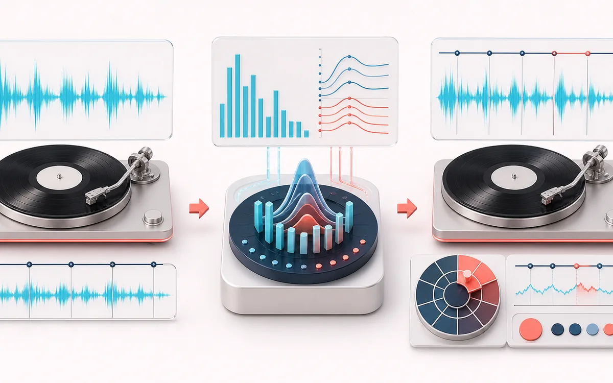 Before-and-after illustration of Song Key Finder: Unknown song becomes Key and scale result through Compare pitch classes.