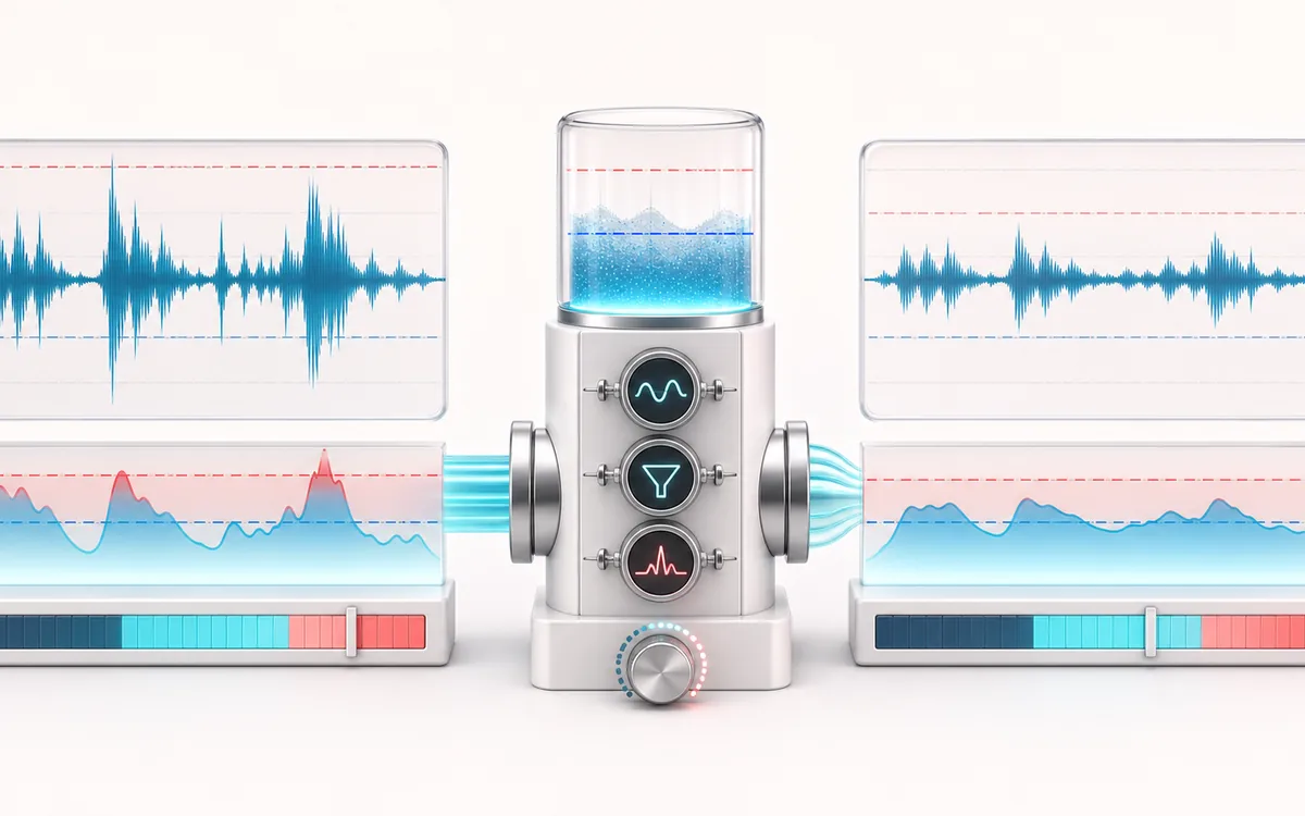 Before-and-after illustration of Loudness Normalizer: Unmatched audio becomes Platform-ready level through Normalize to target.
