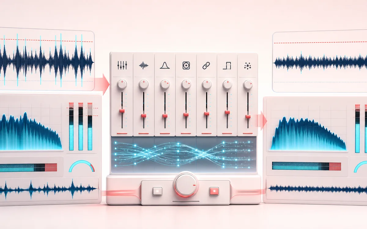 Before-and-after illustration of Mastering Studio: Unmastered mix becomes Release master through Shape and maximize.