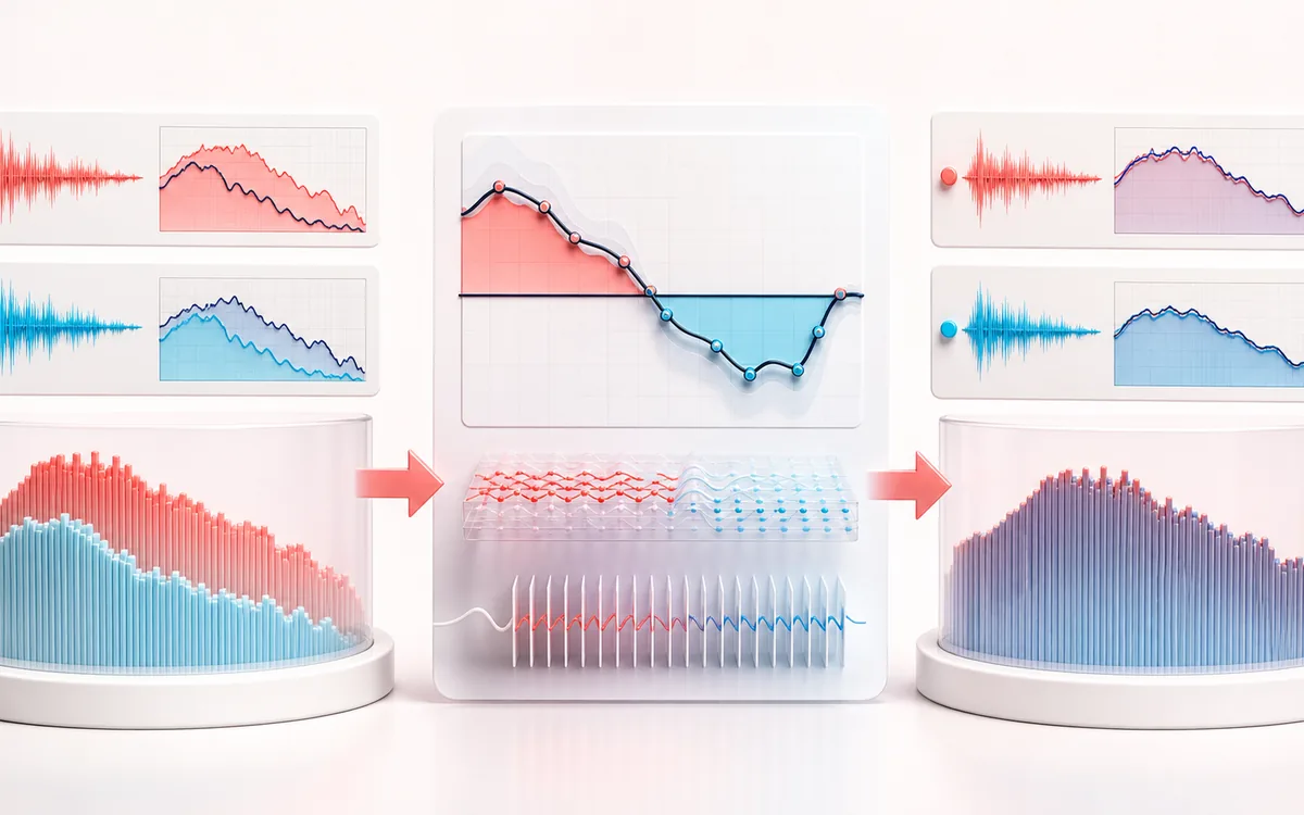 Before-and-after illustration of Audio Match EQ: Target and reference becomes Matched target through Derive correction.