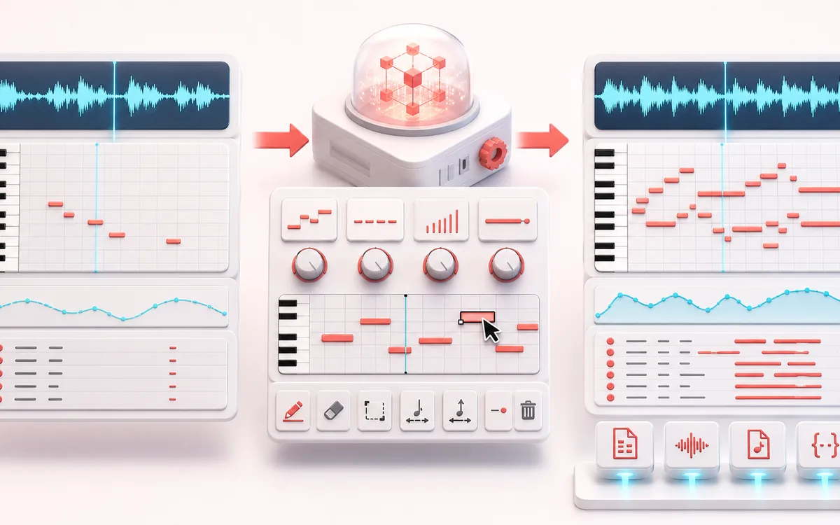 Before-and-after illustration of Melody Generator & MIDI Maker: Scale and contour becomes Melody MIDI through Generate editable notes.
