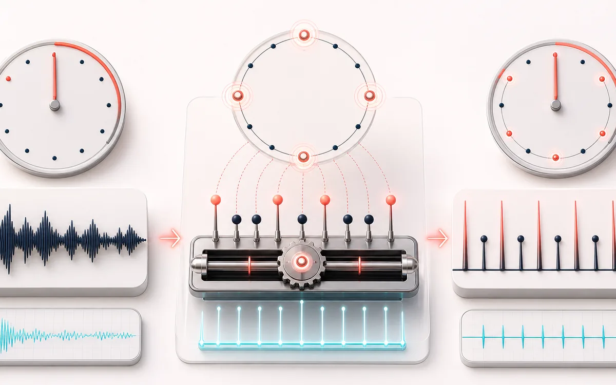 Before-and-after illustration of Metronome: Tempo and meter becomes Steady click track through Schedule accented ticks.