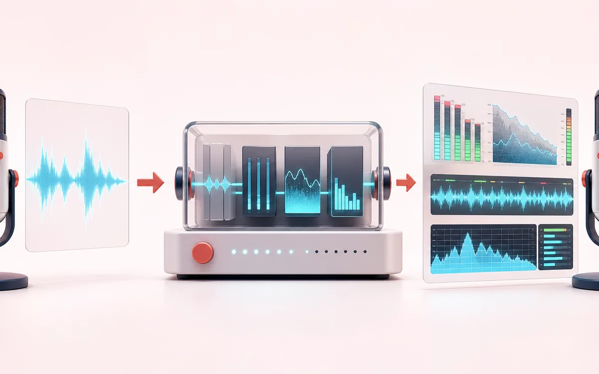 Before-and-after illustration of Microphone Level Meter: Microphone feed becomes Level history through Measure rolling levels.