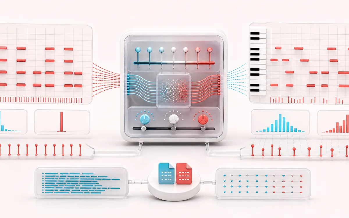 Before-and-after illustration of MIDI Humanizer: Quantized MIDI file becomes Humanized MIDI through Vary timing and velocity.