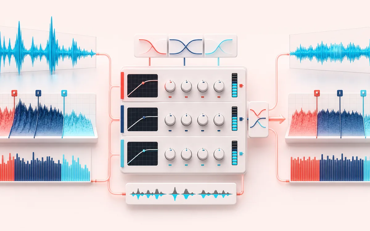 Before-and-after illustration of Multiband Compressor: Full-range mix becomes Band-balanced master through Compress by band.