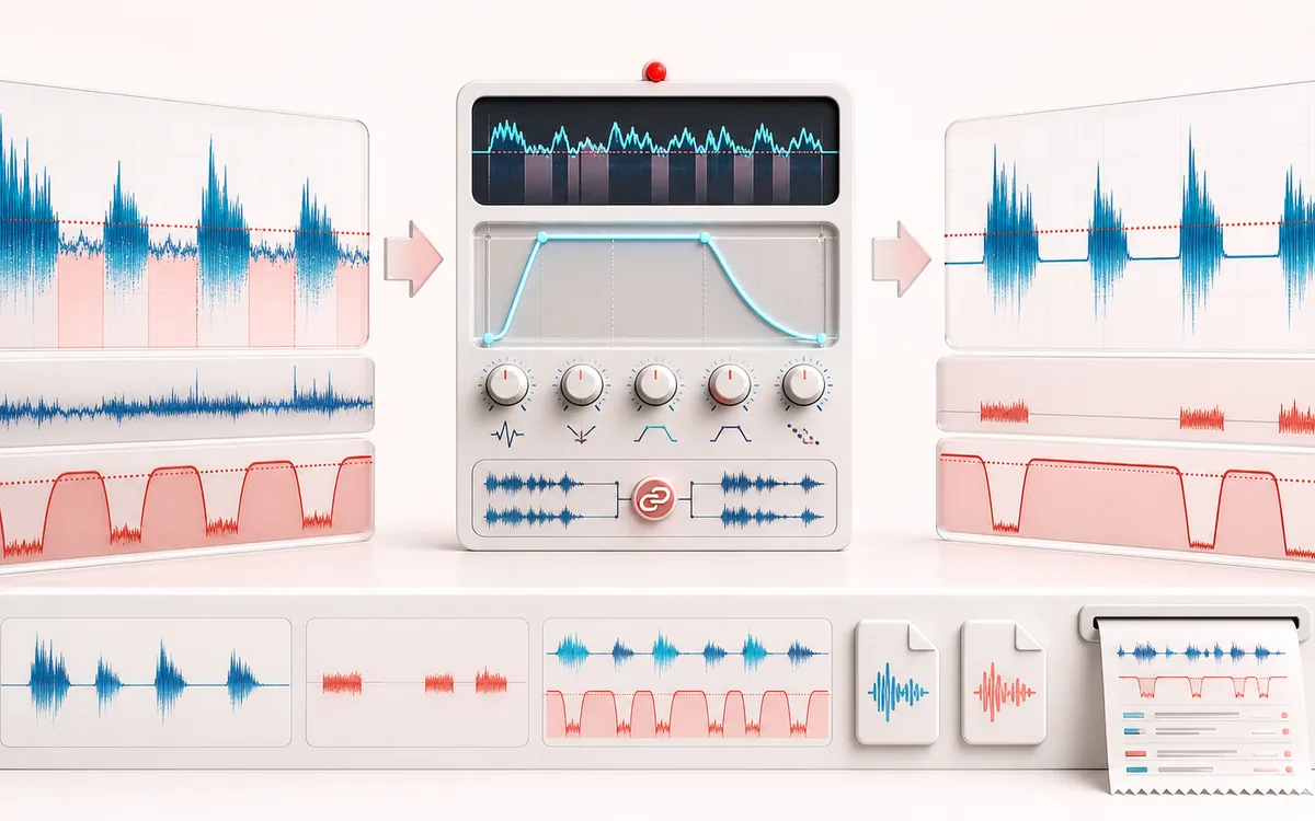 Before-and-after illustration of Online Noise Gate: Noisy pauses becomes Gated recording through Attenuate below threshold.