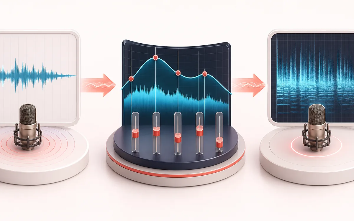 Before-and-after illustration of Noise Generator: Noise color settings becomes Timed noise output through Blend spectral noise.