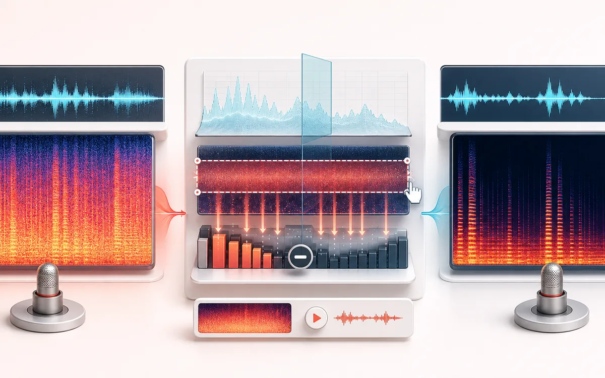 Before-and-after illustration of Noise Remover: Noisy recording becomes Cleaned audio through Suppress background bed.