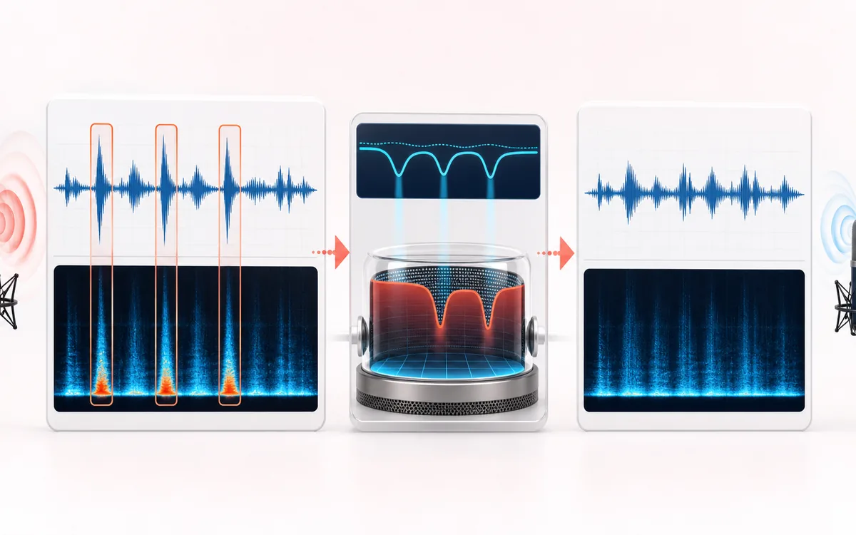 Before-and-after illustration of Online Plosive Remover: Popped microphone take becomes Plosive-safe speech through Reduce low bursts.