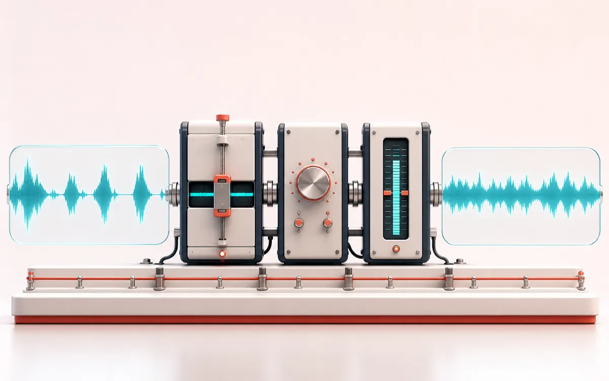 Before-and-after illustration of Podcast Audio Enhancer: Uneven spoken recording becomes Delivery-ready episode through Tighten level and normalize.