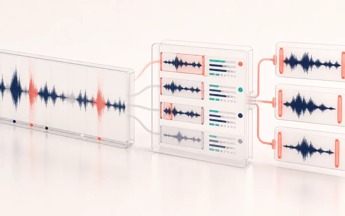 A long podcast waveform passing through transparent candidate evidence and becoming three reviewed short audio clips