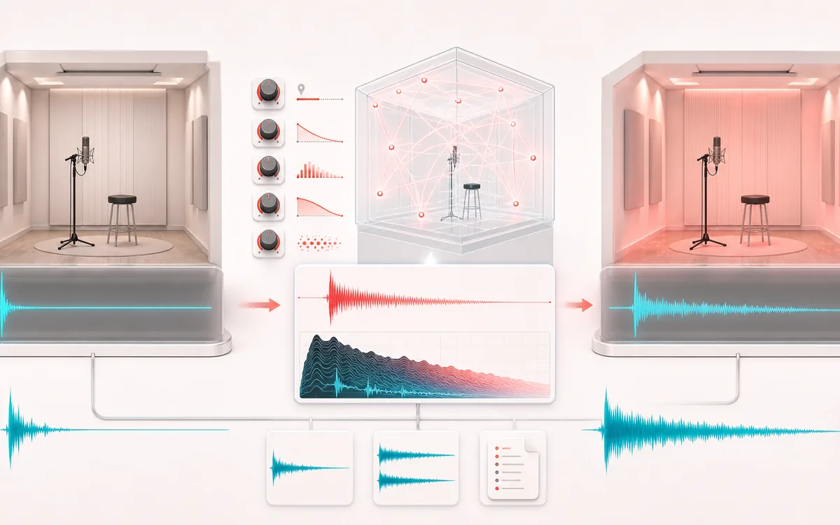 Before-and-after illustration of Add Reverb: Dry recording becomes Reverberant render through Build reflections.