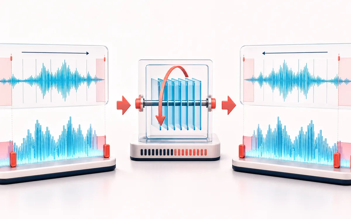 Before-and-after illustration of Reverse Audio: Forward audio becomes Backward render through Flip sample order.
