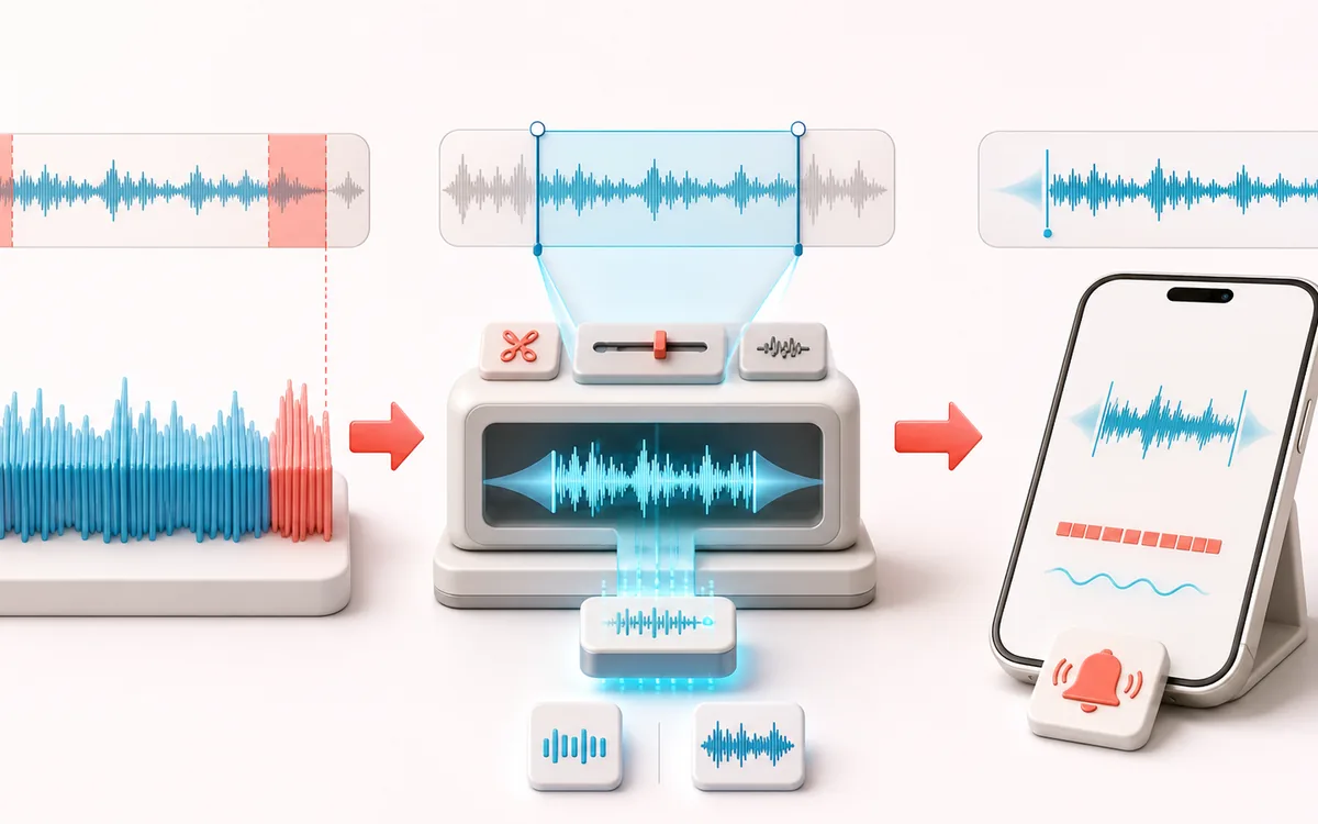 Before-and-after illustration of Ringtone Maker: Song source becomes Phone-ready clip through Cut and fade hook.