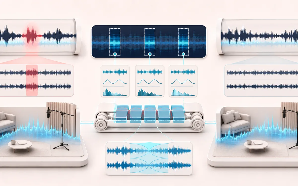 Before-and-after illustration of Room Tone Maker: Dialogue ambience becomes Seamless room fill through Find stable texture.
