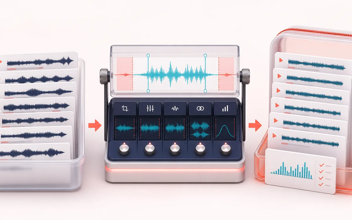 Before-and-after illustration of Sample Pack Builder: Loose sample batch becomes Packaged sample ZIP through Trim normalize rename.