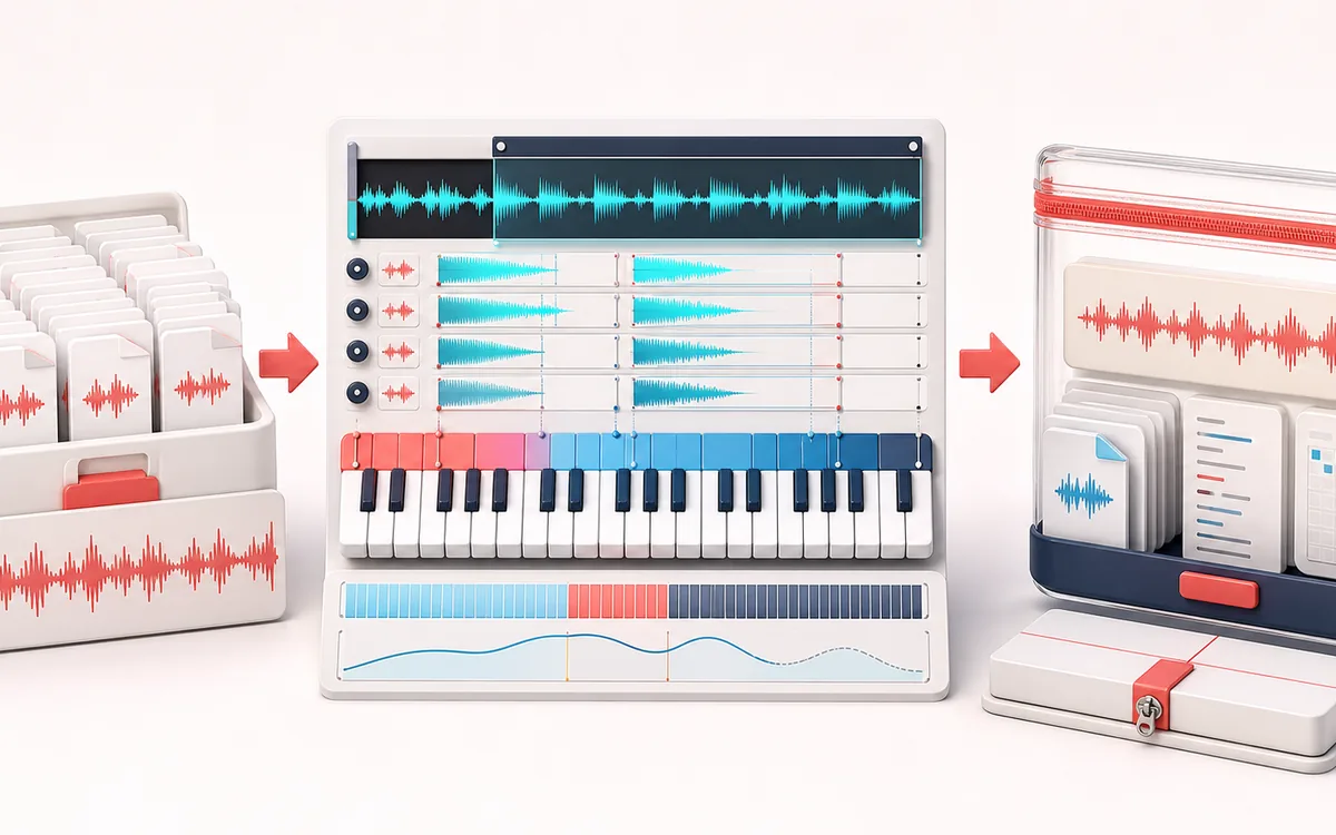 Before-and-after illustration of SFZ Sampler Builder: Local sample set becomes Portable SFZ pack through Map keys and velocities.