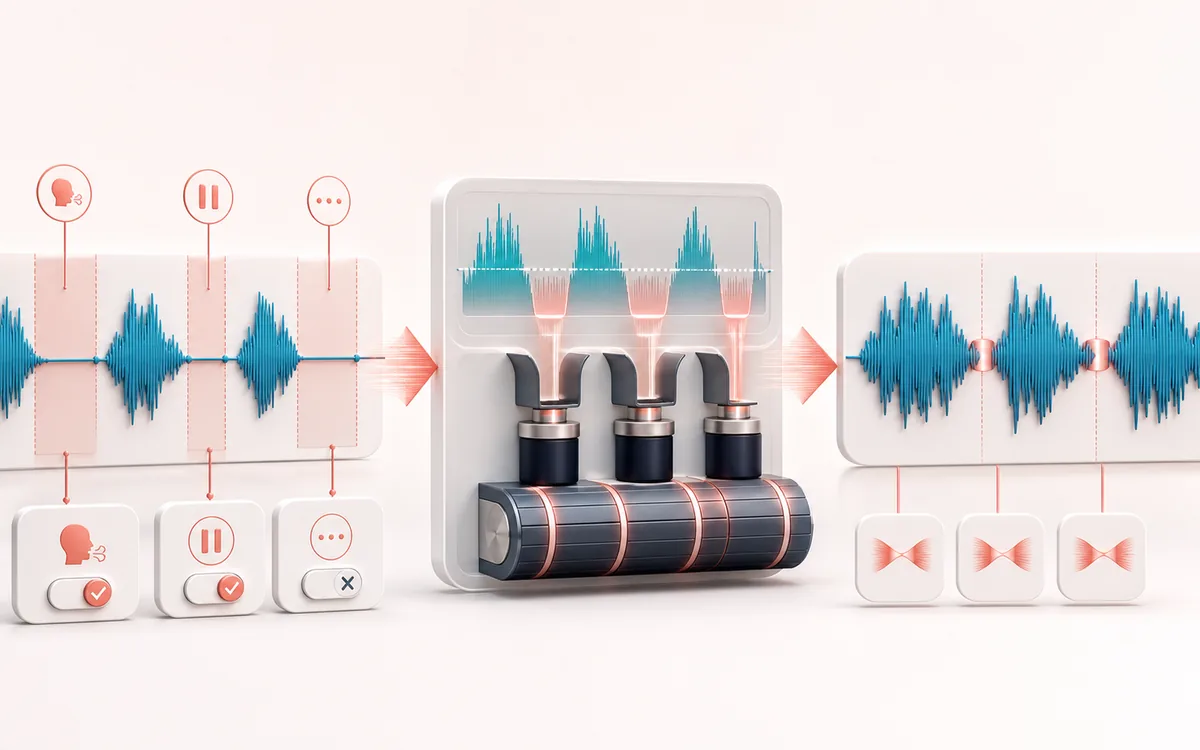 Before-and-after illustration of Silence Remover: Recording with gaps becomes Tightened recording through Detect and close silence.