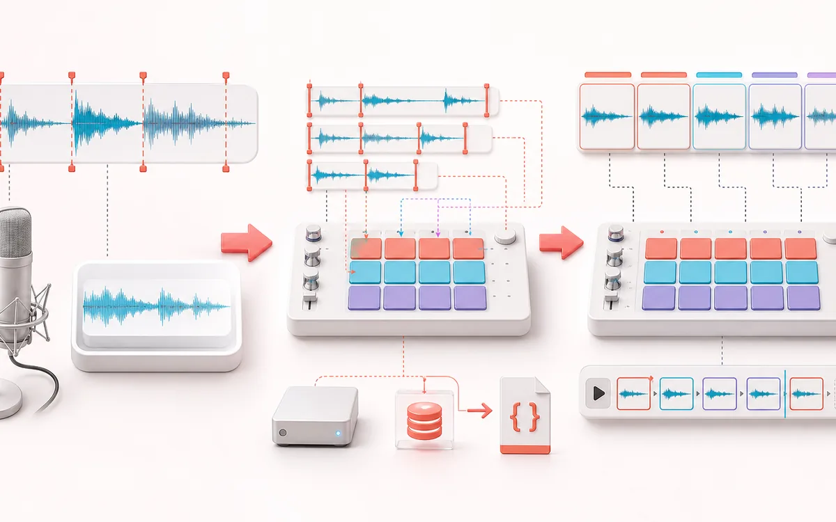 Before-and-after illustration of Soundboard: Recorded or uploaded clips becomes Playable soundboard through Trim and assign pads.