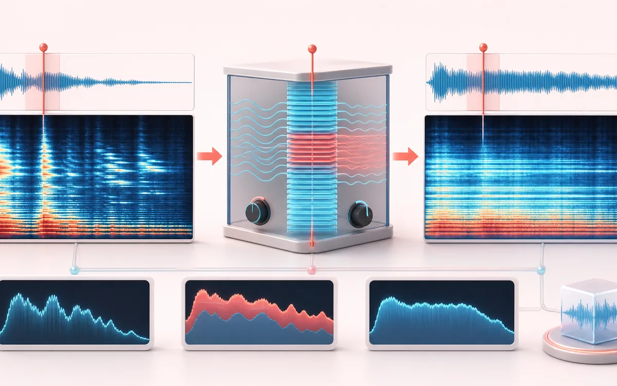 Before-and-after illustration of Spectral Freeze: Chosen audio moment becomes Sustained texture through Hold spectral bins.