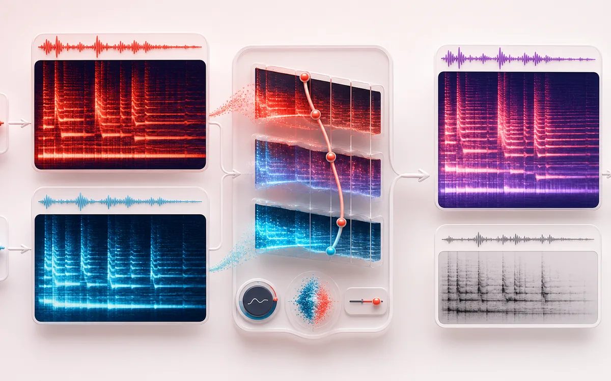 Before-and-after illustration of Spectral Morph: Source A and B becomes Hybrid sound through Cross-synthesize frames.