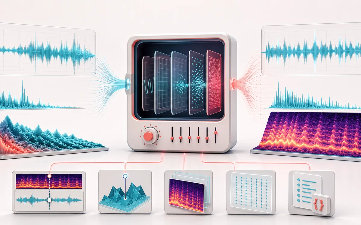 Before-and-after illustration of Spectrogram Analyzer: Audio or live signal becomes Spectrogram export through Transform time to frequency.