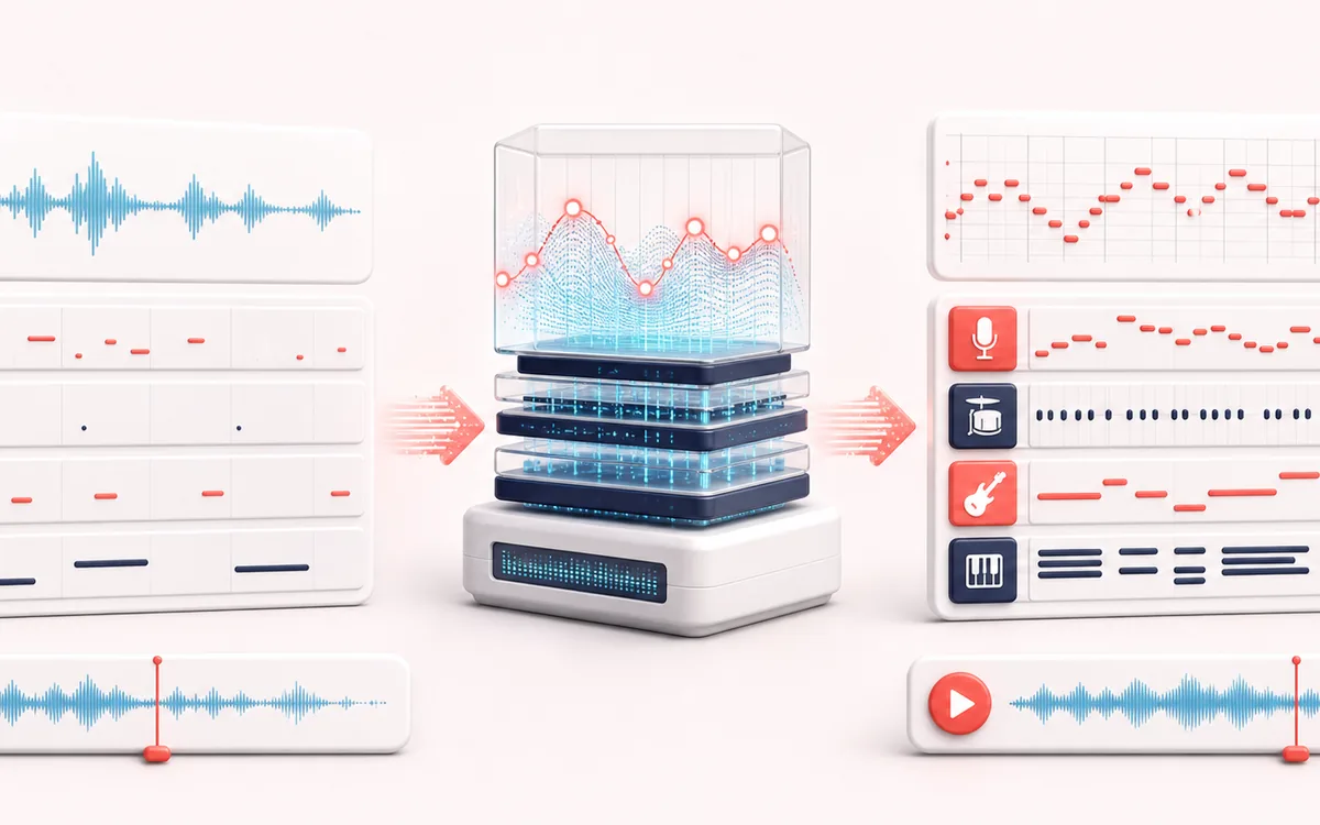 Before-and-after illustration of Speech to Song: Spoken phrase becomes Produced song clip through Tune and arrange.