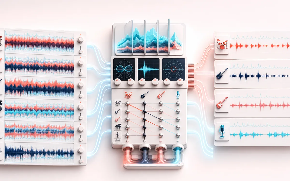 Before-and-after illustration of Stem Splitter: Full song mix becomes Downloadable stems through Separate source groups.