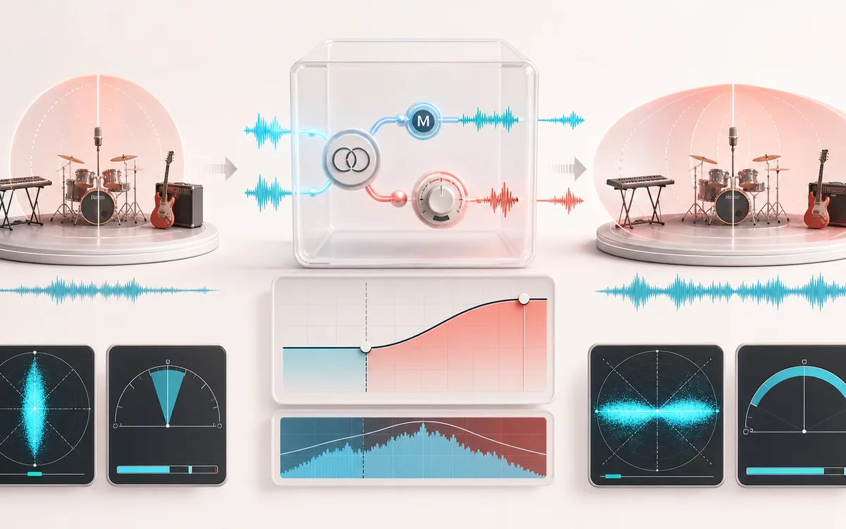 Before-and-after illustration of Stereo Widener: Narrow stereo mix becomes Wider stereo output through Expand side field.