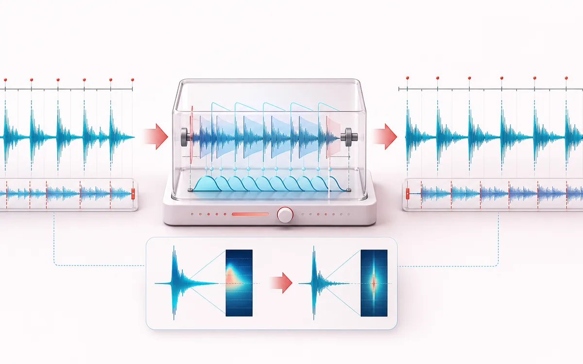 Before-and-after illustration of Tempo Changer: Original tempo track becomes Tempo-adjusted audio through Stretch without repitch.