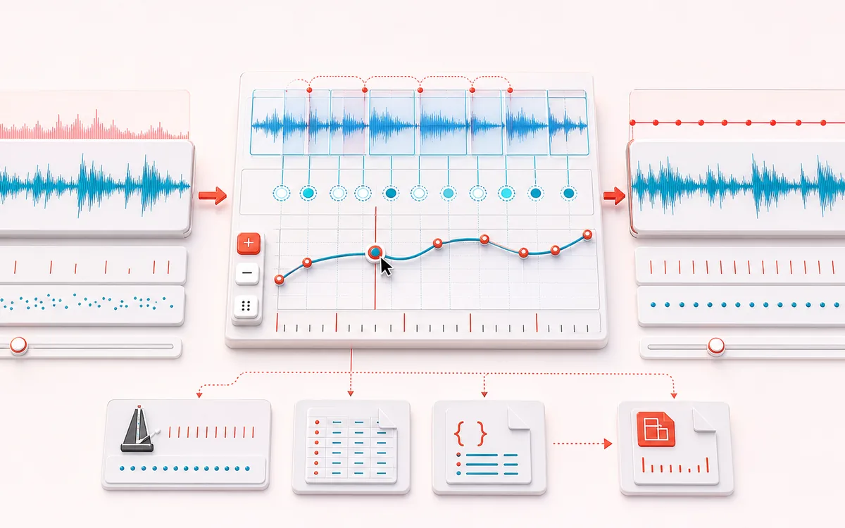 Before-and-after illustration of Tempo Map Generator: Live performance becomes MIDI tempo map through Track beat intervals.
