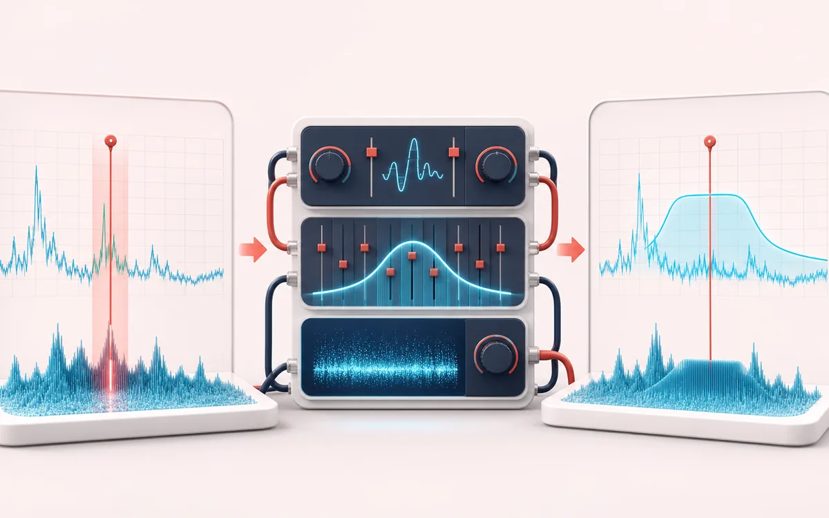 Before-and-after illustration of Tinnitus Masker: Selected reference pitch becomes Background sound through Shape low-level sound.