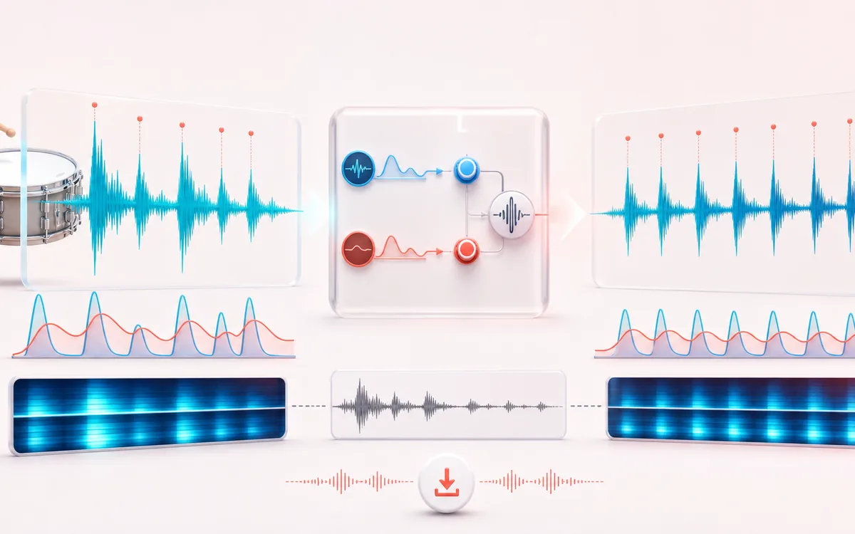 Before-and-after illustration of Transient Shaper: Percussive source becomes Punch-adjusted output through Reshape transients.