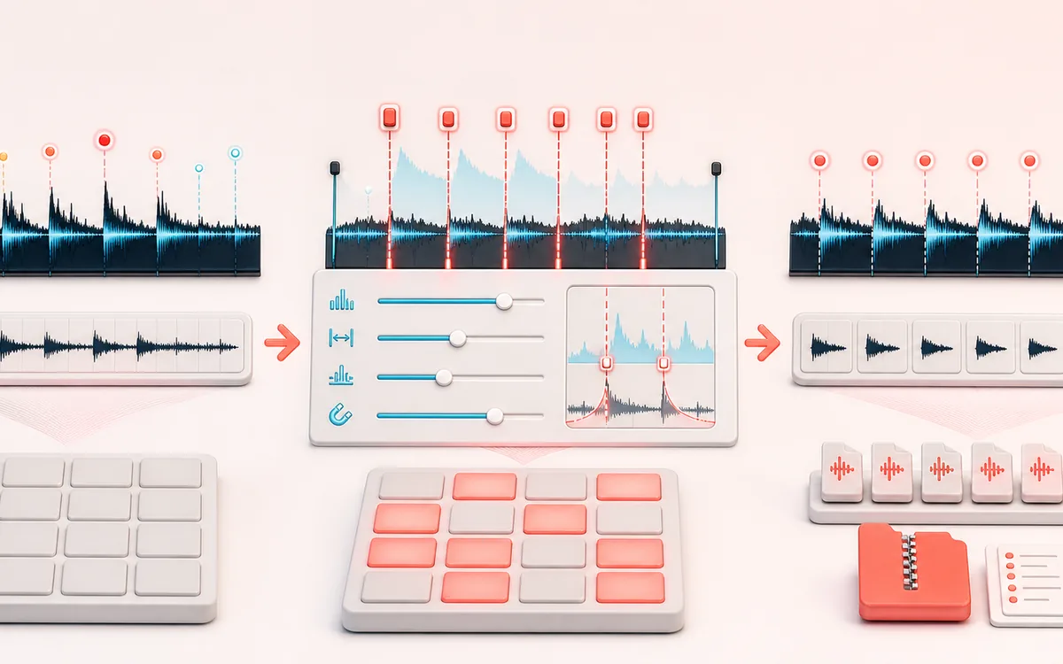 Before-and-after illustration of Transient Slicer: Percussive recording becomes Ordered samples through Detect and edit slices.