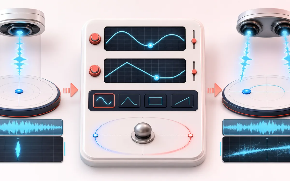 Before-and-after illustration of Tremolo & Auto Pan: Centered source becomes Moving pulse output through Modulate level and pan.