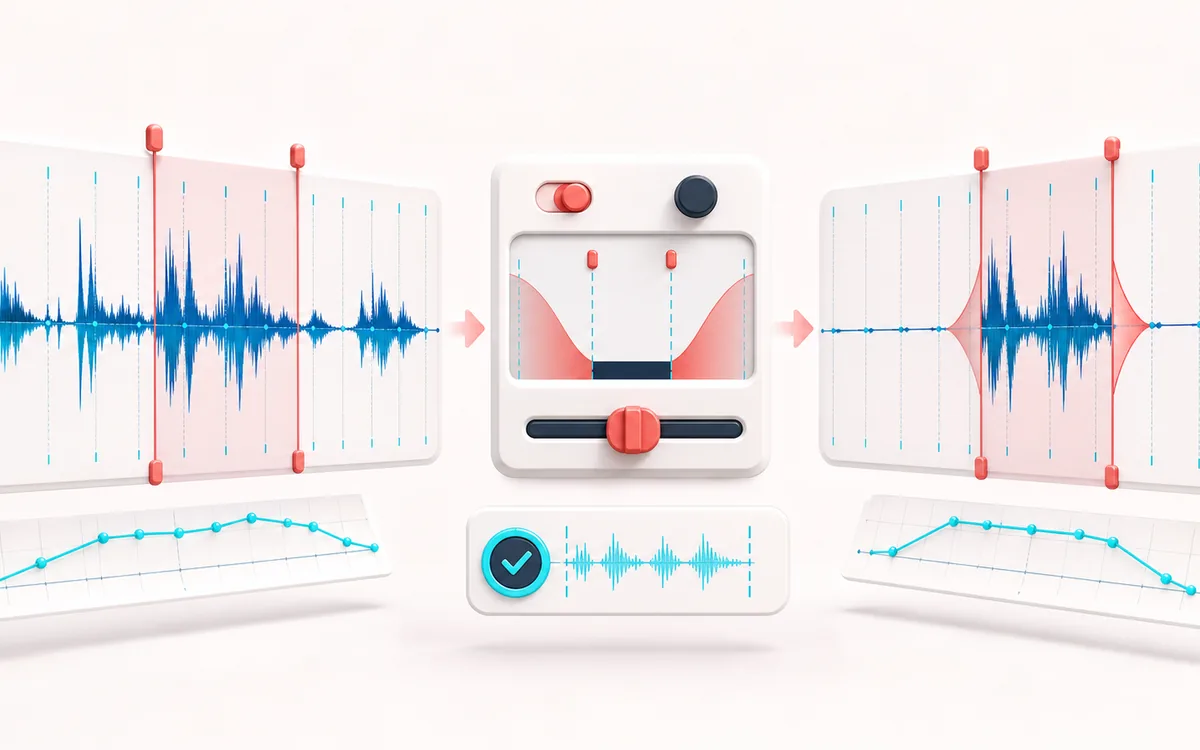 Before-and-after illustration of Audio Trimmer: Long source file becomes Trimmed clip through Set cut and fades.