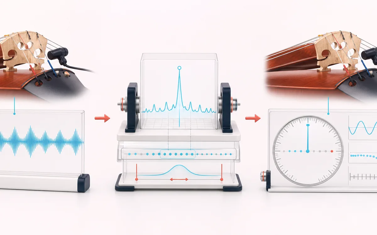 Before-and-after illustration of Instrument Tuner: Live instrument note becomes Tuning guidance through Estimate fundamental.
