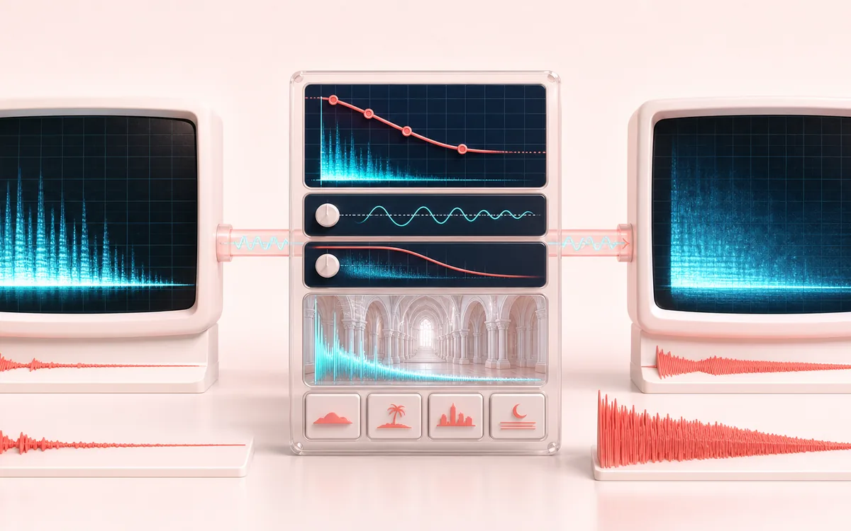 Before-and-after illustration of Vaporwave: Clean music source becomes Vaporwave render through Slow filter and blur.