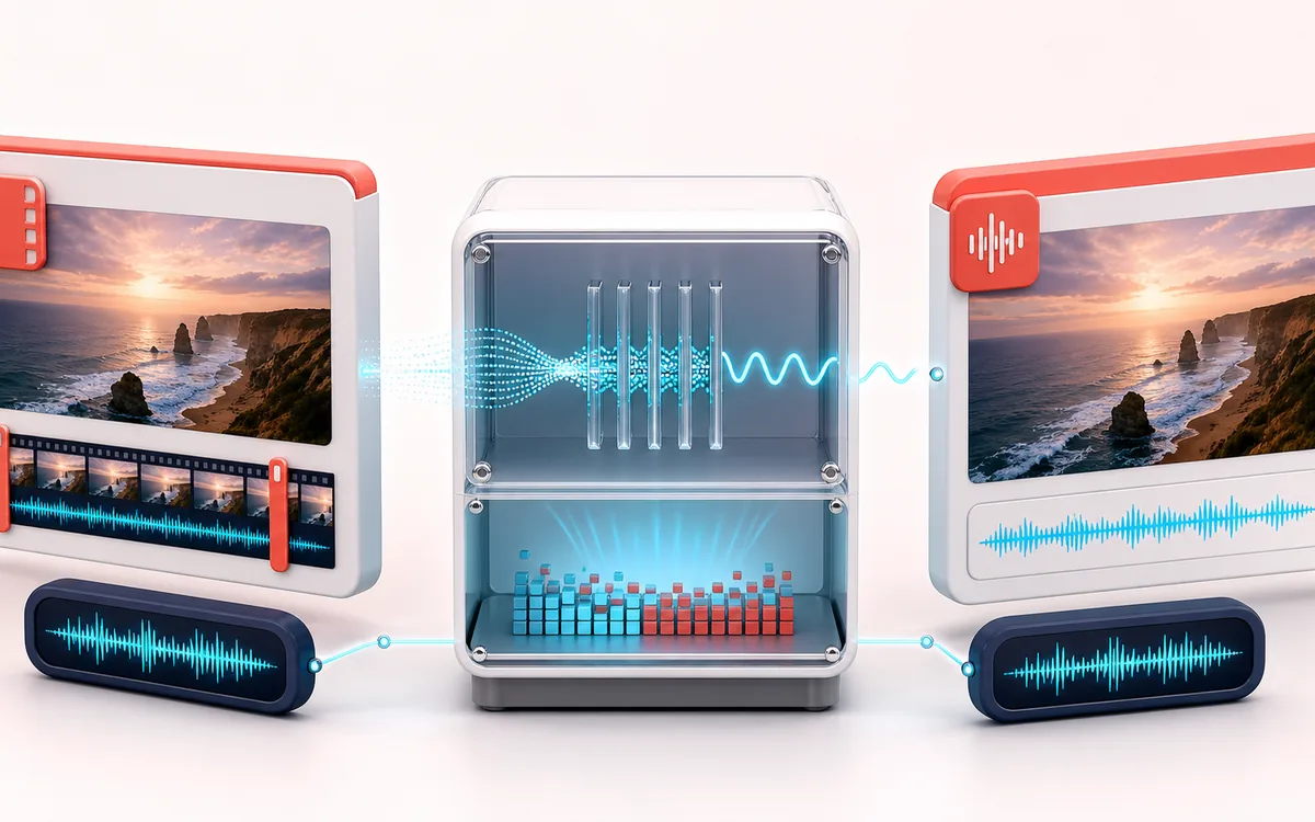 Before-and-after illustration of Video to Audio: Supported video file becomes Standalone soundtrack through Decode audio stream.