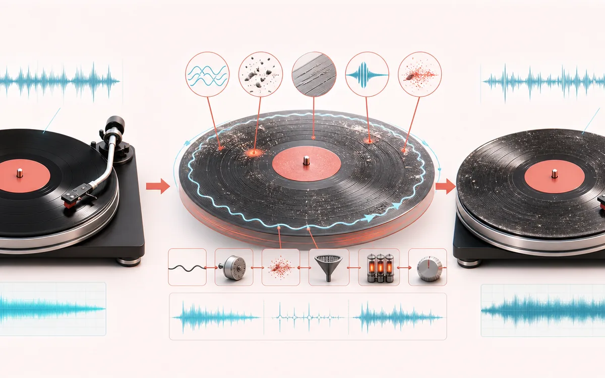 Before-and-after illustration of Vinyl Effect: Clean recording becomes Aged vinyl render through Add wear events.