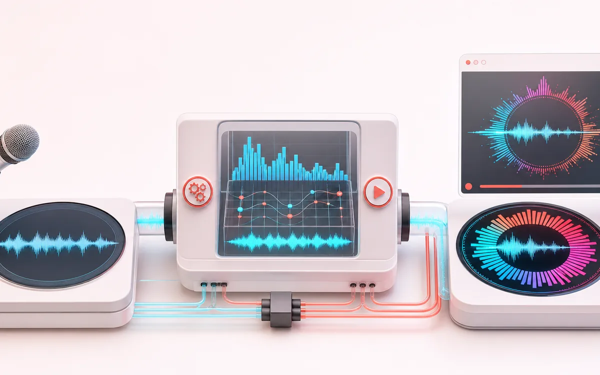 Before-and-after illustration of Music Visualizer: Song or microphone becomes Rendered visualization through Map sound to motion.